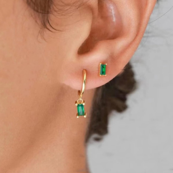 Emerald Crystal Rectangle Rhinestone Hoop Earrings Gold Mini Hoops CZ New - Picture 2 of 10